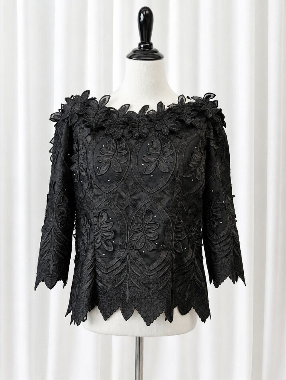 Vintage 80s Avant Garde Black Applique Embroidered Ornate Leaf Evening Blouse